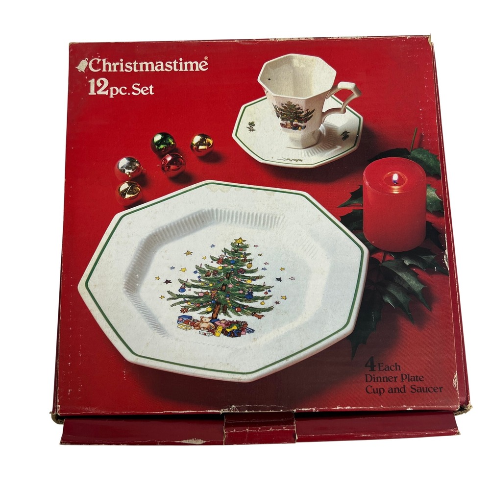 Nikko Christmastime 12pc Set 4 Dinner Plates Cups Saucers Octagon Japan Vintage